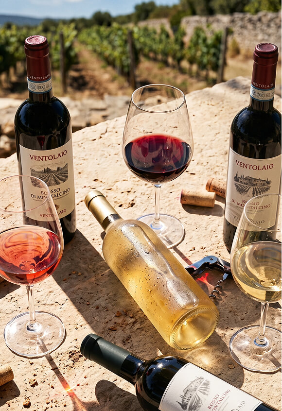 Sélection de vins rouges, blancs et rosés d’importation privée dans un vignoble